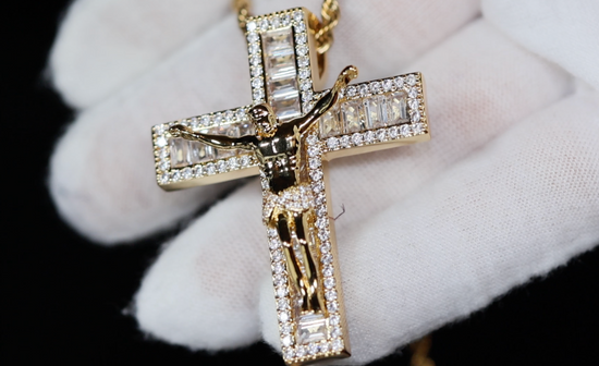 Gold iced out jesus cross, Gold baguette cross, Diamond cross pendant, Iced out cross pendant