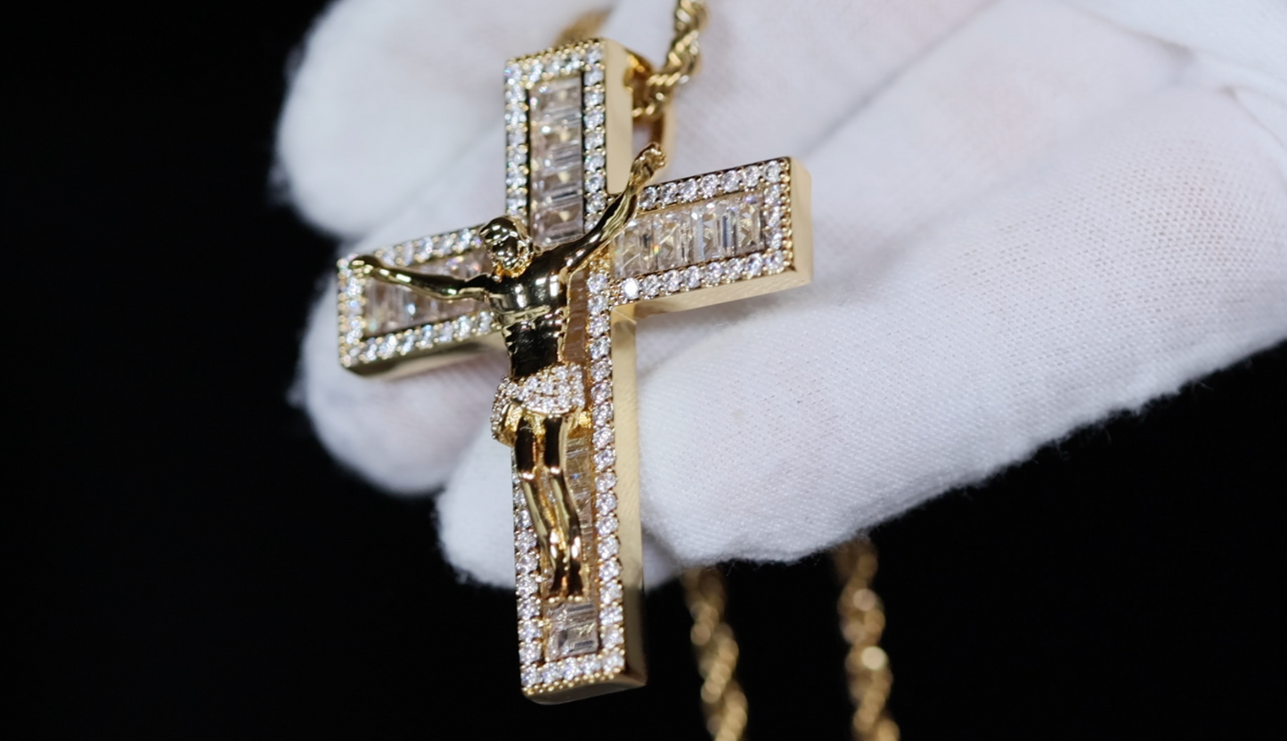 Gold iced out jesus cross, Gold baguette cross, Diamond cross pendant, Iced out cross pendant