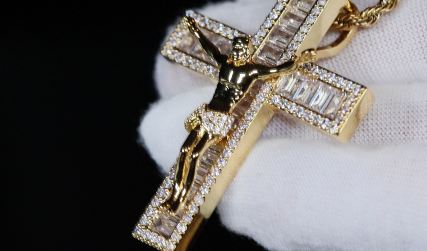 Gold iced out jesus cross, Gold baguette cross, Diamond cross pendant, Iced out cross pendant