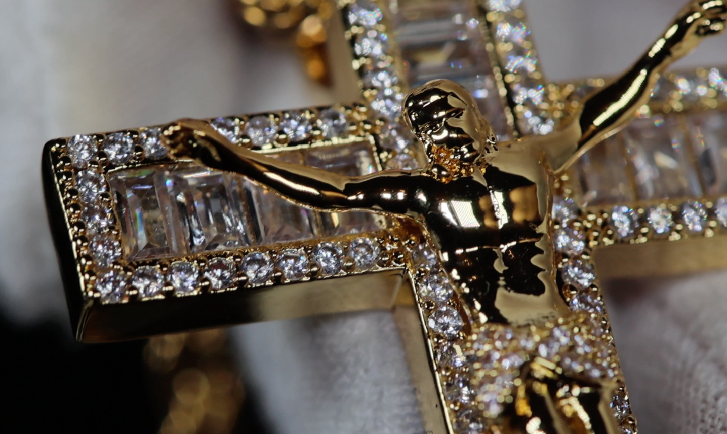 Gold iced out jesus cross, Gold baguette cross, Diamond cross pendant, Iced out cross pendant