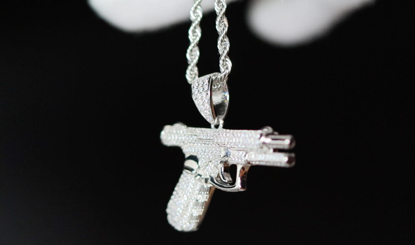 Diamond Gun Necklace | Diamond Gun Pendant and Necklace | Iced Out Gun Pendant