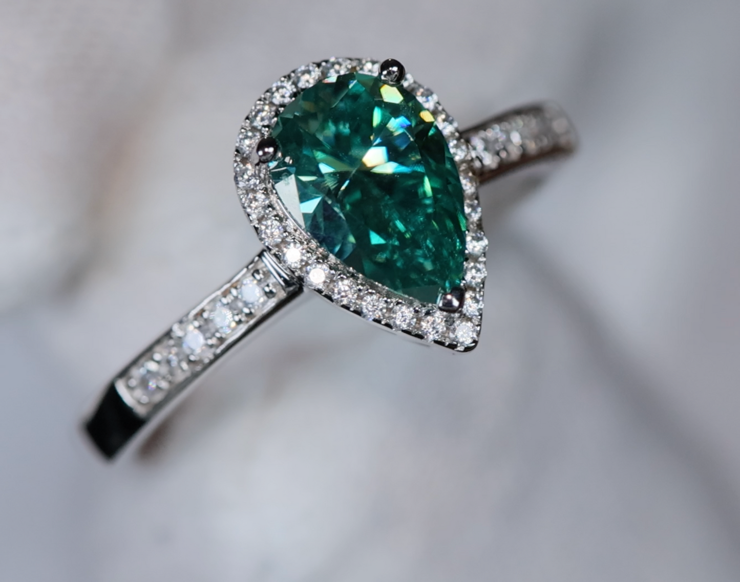 Green Pear Cut Moissanite Diamond Ring