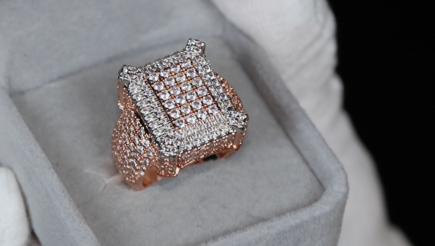 Mens Iced Out Ring | Mens Big Rose Gold Diamond Rings | Rose Gold Hip Hop Ring