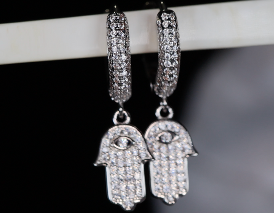 Hamsa Earrings | Hand Earrings | Evil Eye Earrings | Iced Out Earrings