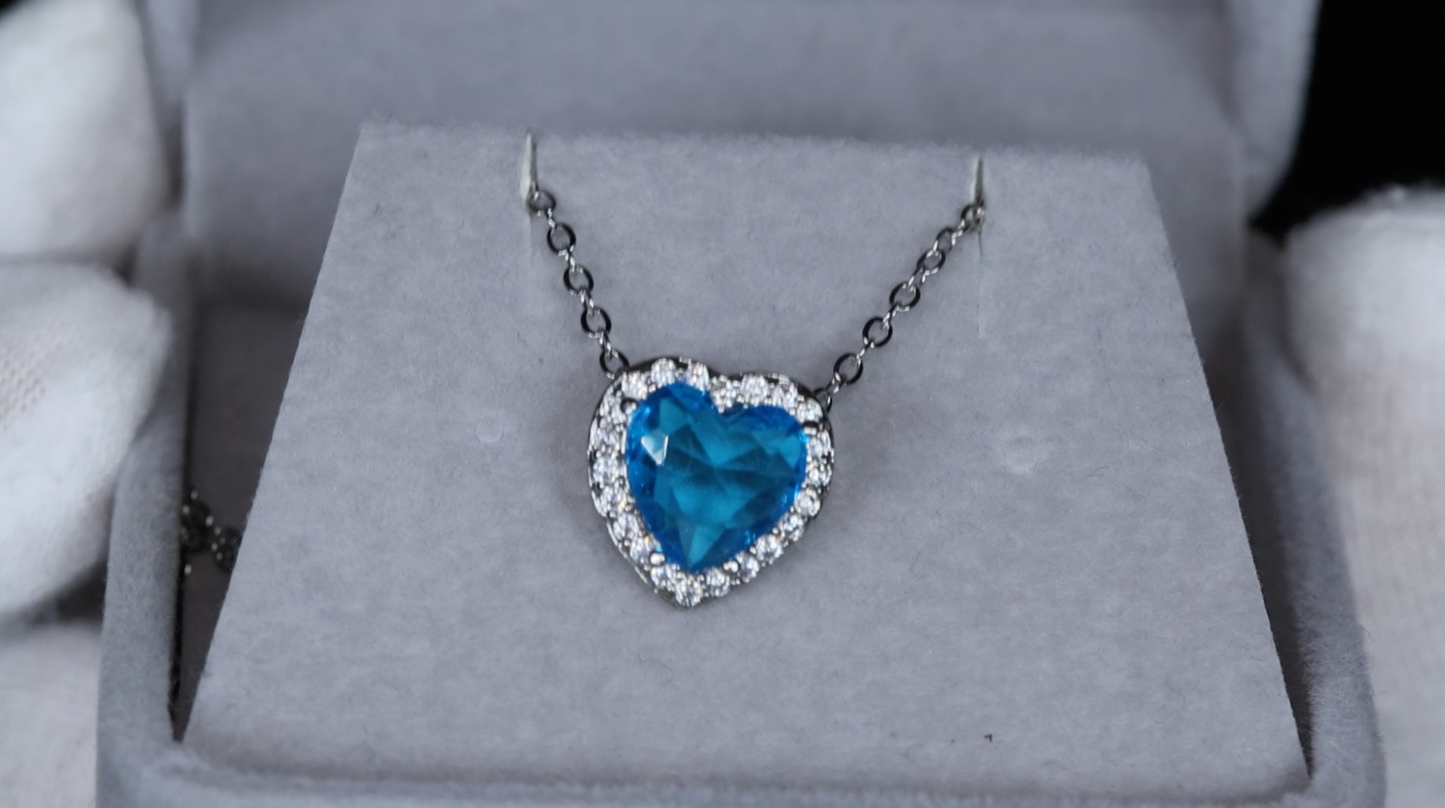 Aquamarine Blue Diamond Heart Necklace | Blue Diamond Pendant  | Heart Necklace