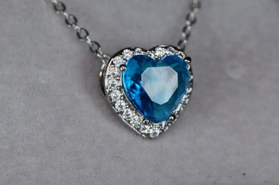 Aquamarine Blue Diamond Heart Necklace | Blue Diamond Pendant  | Heart Necklace