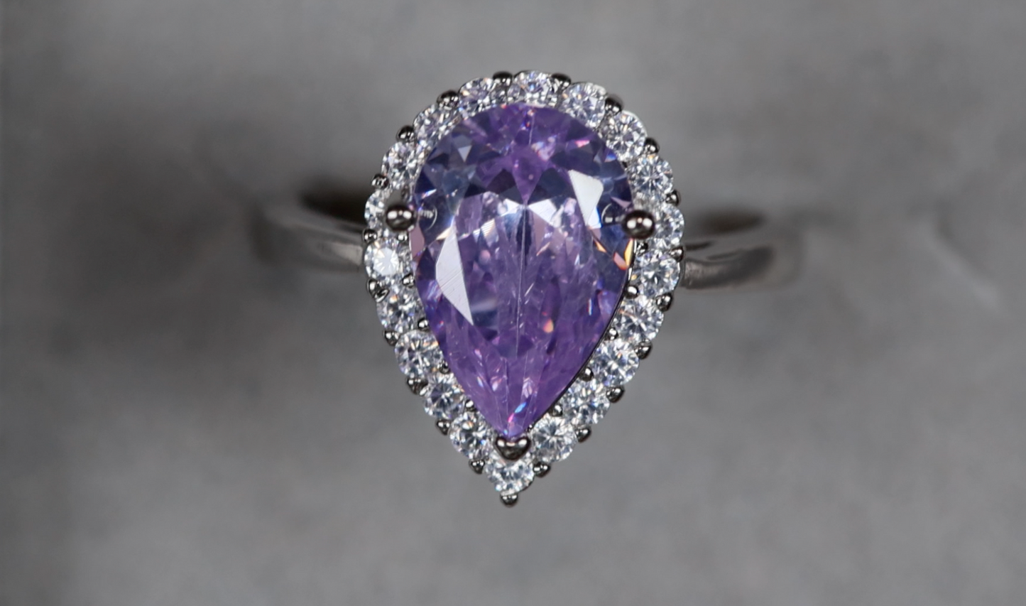 Purple Diamond Ring | Teardrop Ring | Pear Shape Ring | Halo Engagement Ring