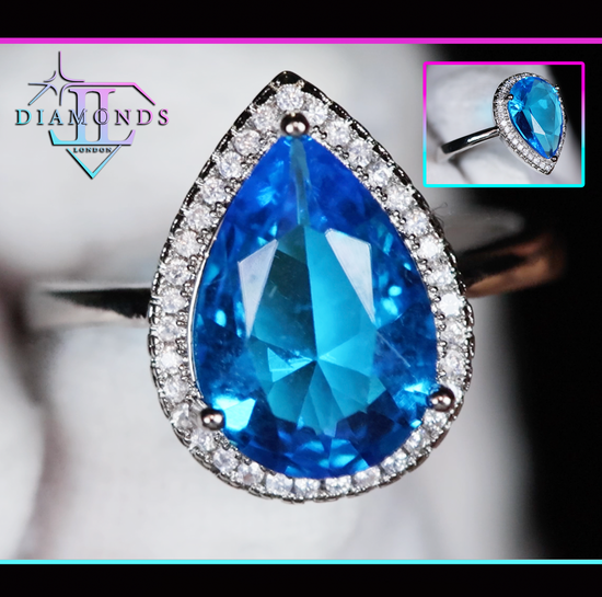 Womens Blue Pear Cut Diamond Ring