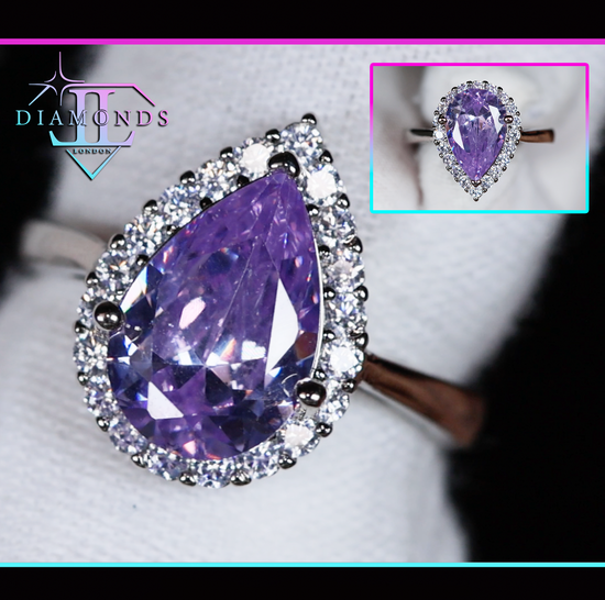 Purple Diamond Ring | Teardrop Ring | Pear Shape Ring | Halo Engagement Ring