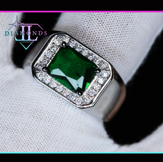 Mens Silver Green Diamond Ring