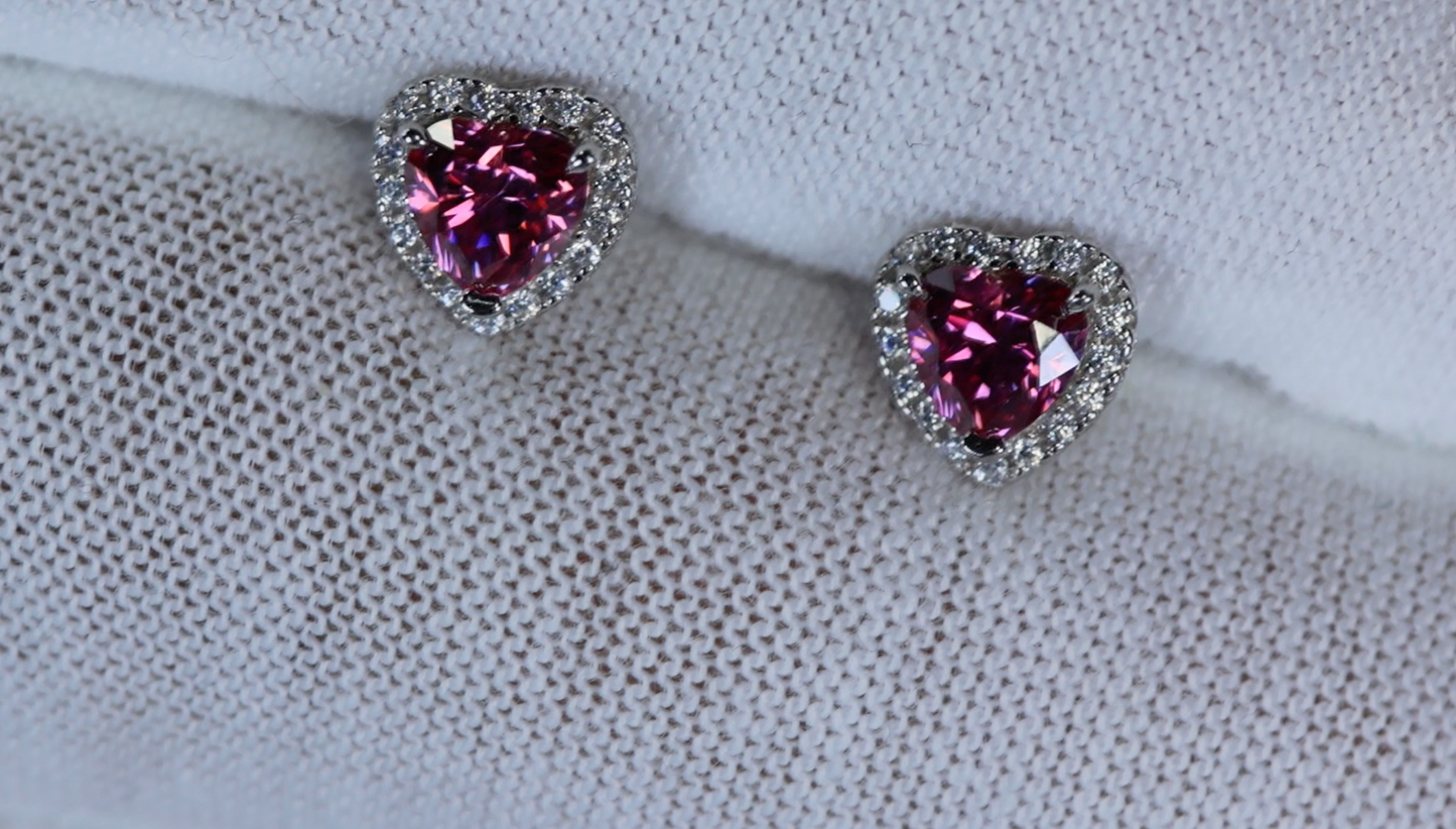 Pink Moissanite Diamond Heart Ear Studs 