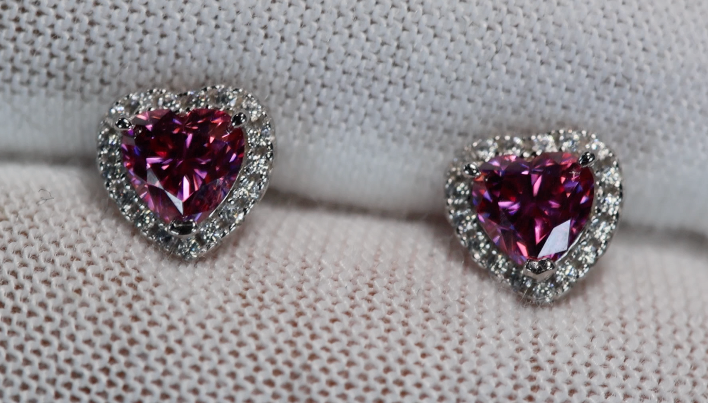 Pink Moissanite Diamond Heart Ear Studs 