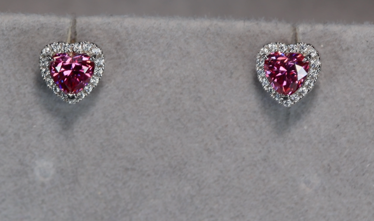 Pink Moissanite Diamond Heart Ear Studs 