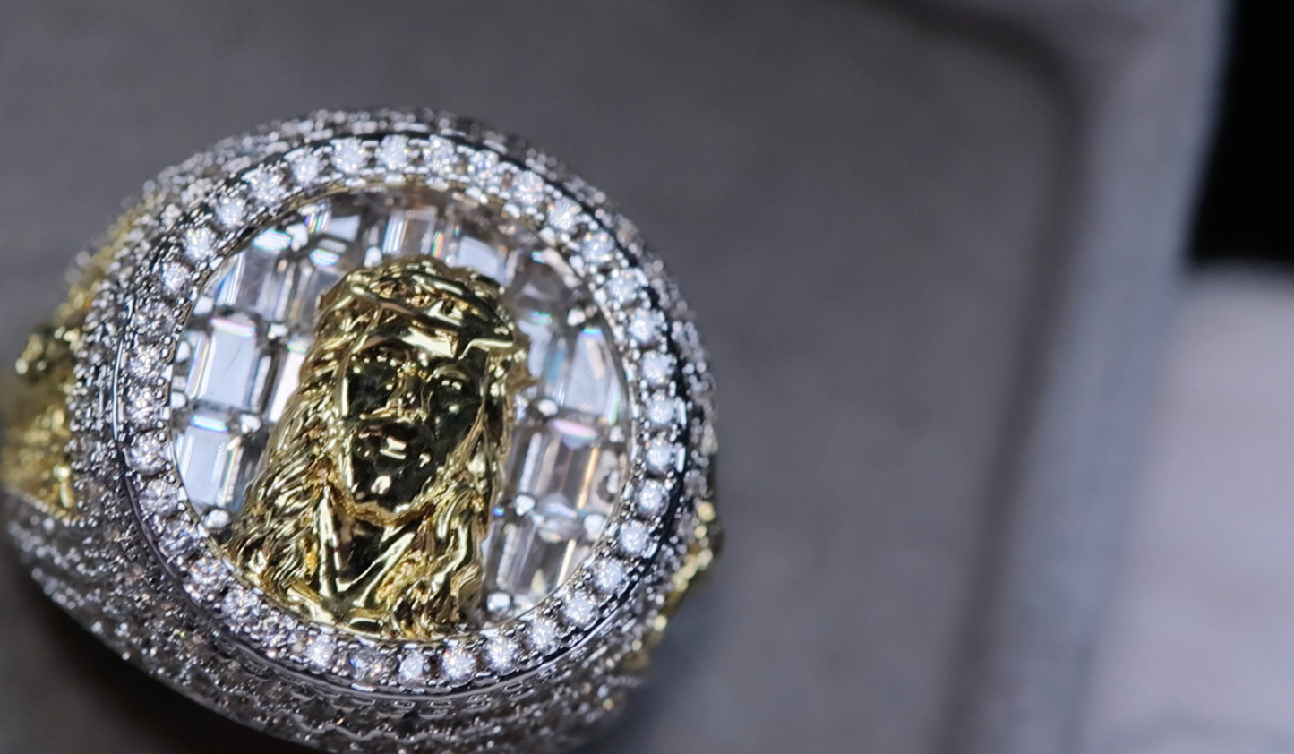 Gold diamond Jesus ring