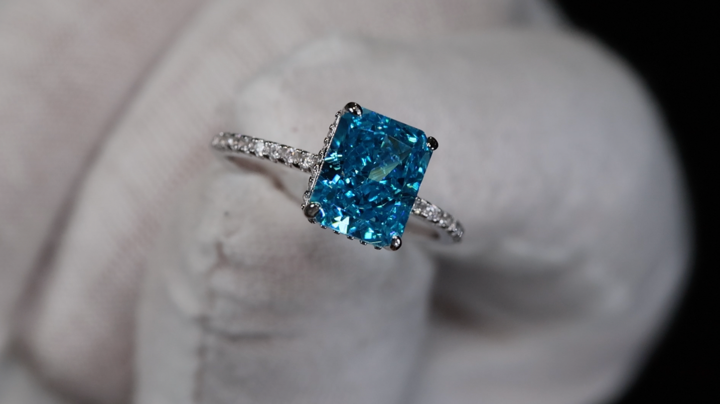 Womens Blue Radiant Cut Diamond Ring