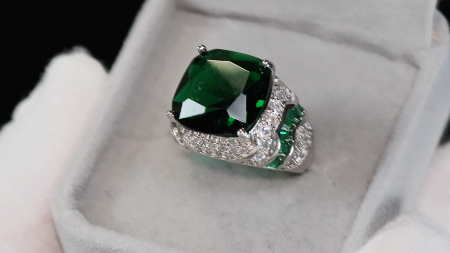 Mens Big Silver Green Diamond Ring