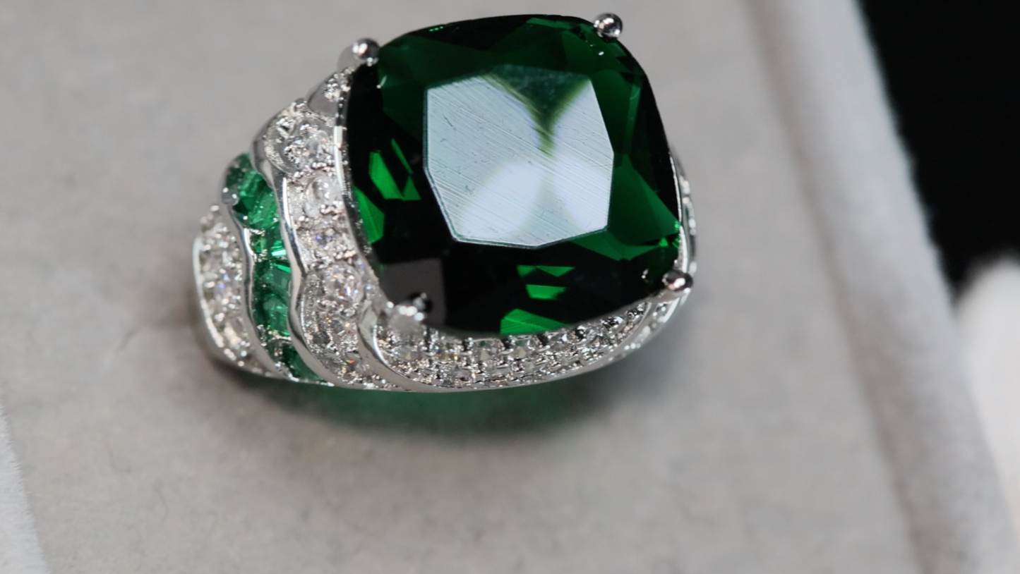 Womens Big Silver Green Diamond Ring