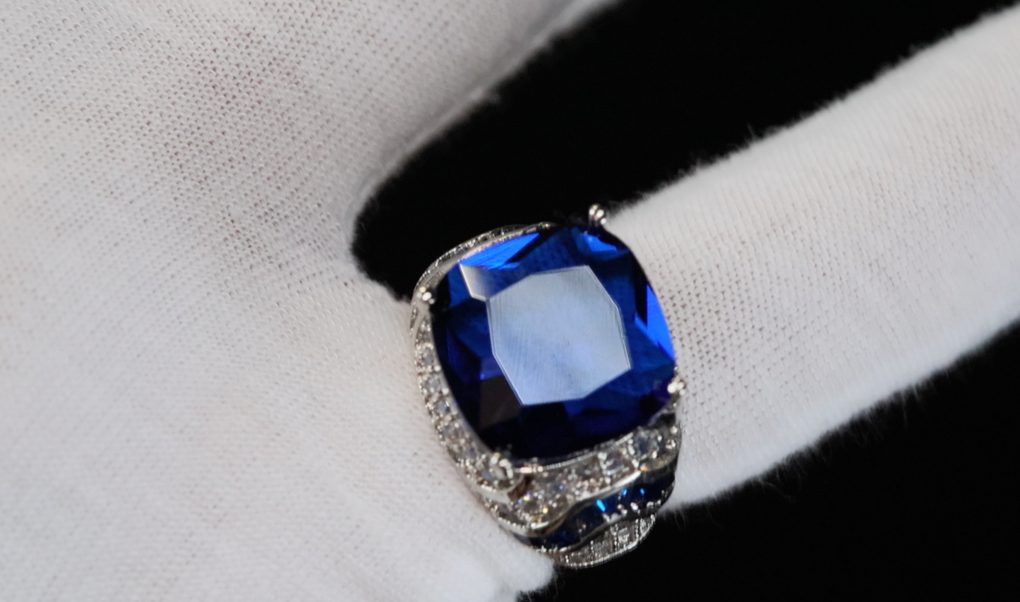 Mens Big Silver Blue Diamond Ring