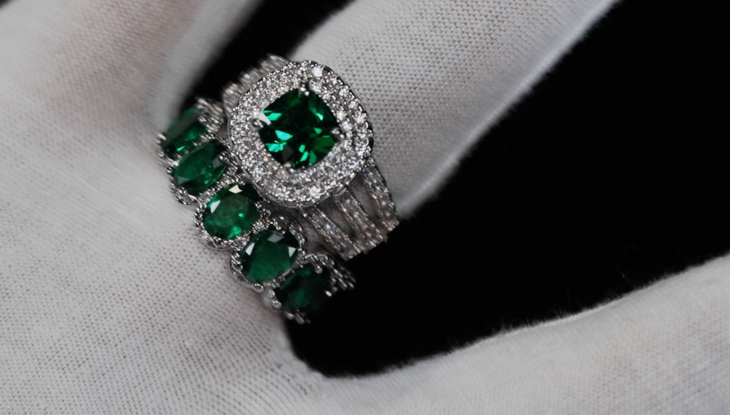 Womens Green Diamond Engagement Ring Set