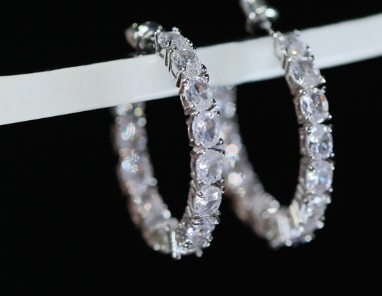 Womens silver diamond hoop earrings