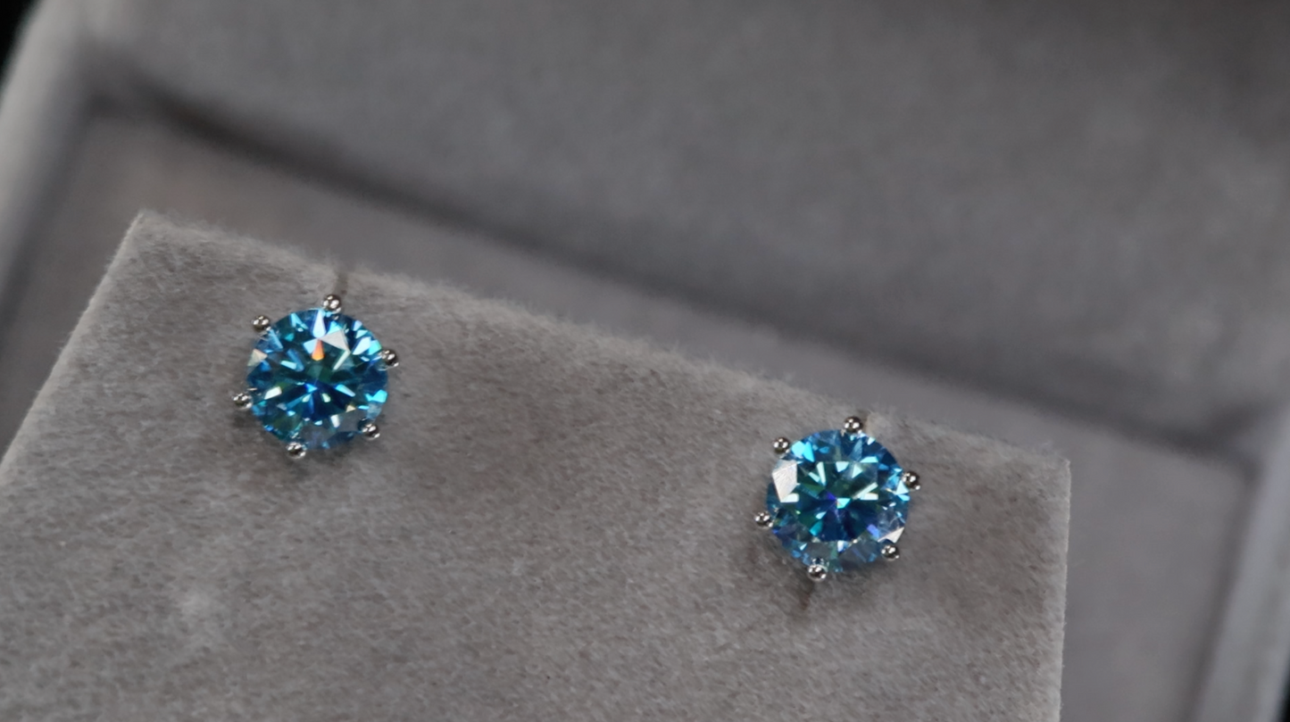 Mens BLUE MOISSANITE EAR STUDS