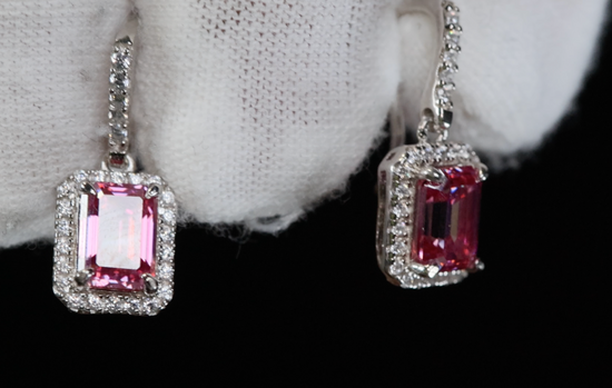 Pink Emerald Cut Diamond Earrings