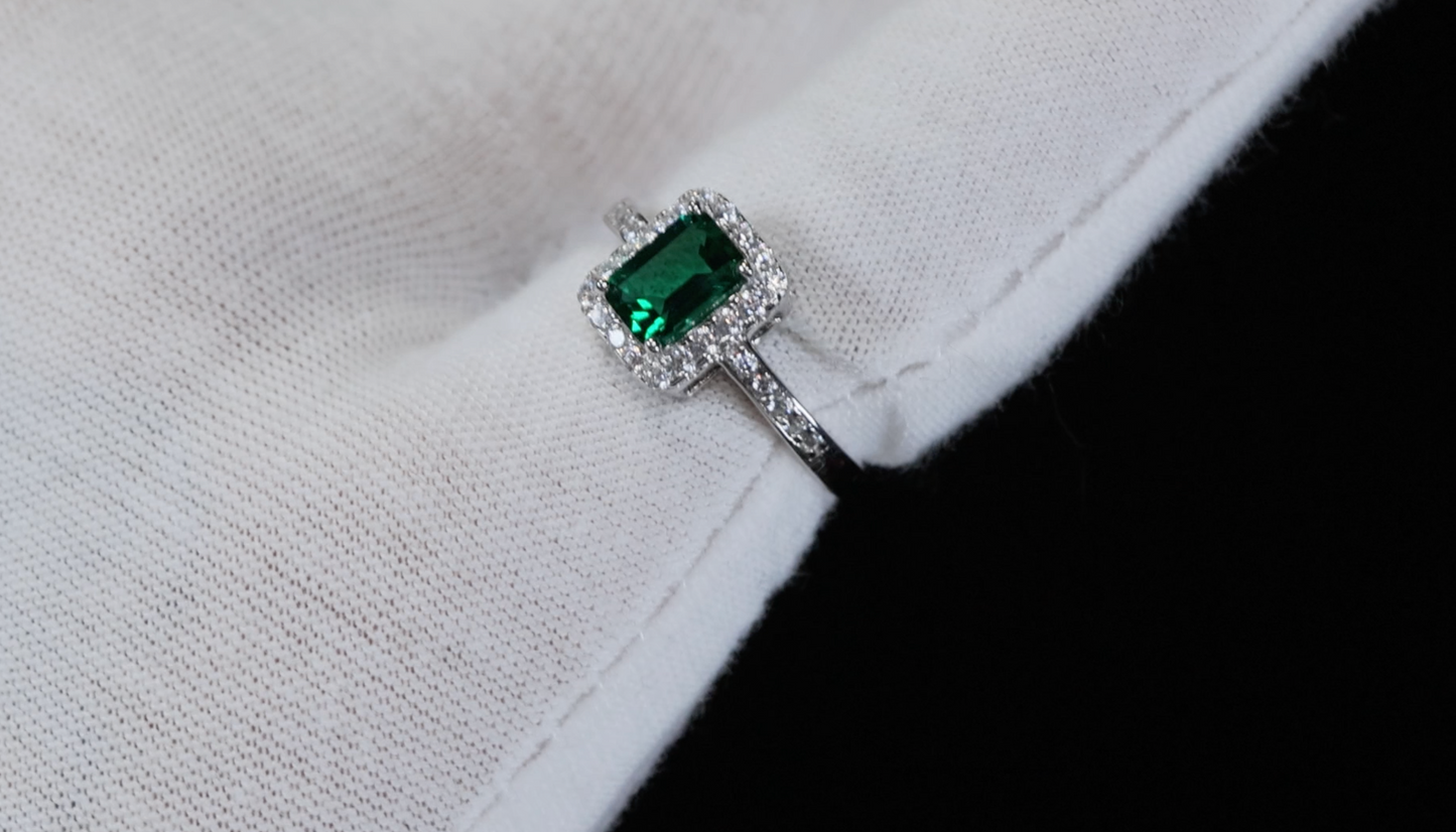 Silver Green Emerald Diamond Engagement Ring