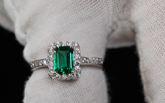 Silver Green Emerald Diamond Engagement Ring