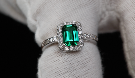 Silver Green Emerald Diamond Engagement Ring