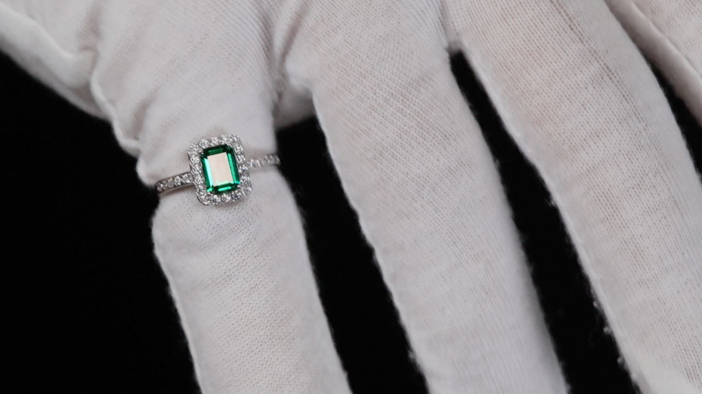 Silver Green Emerald Diamond Engagement Ring