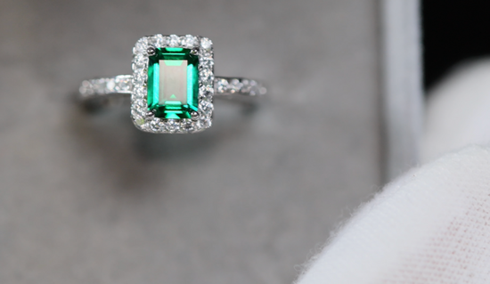 Silver Green Emerald Diamond Wedding Ring