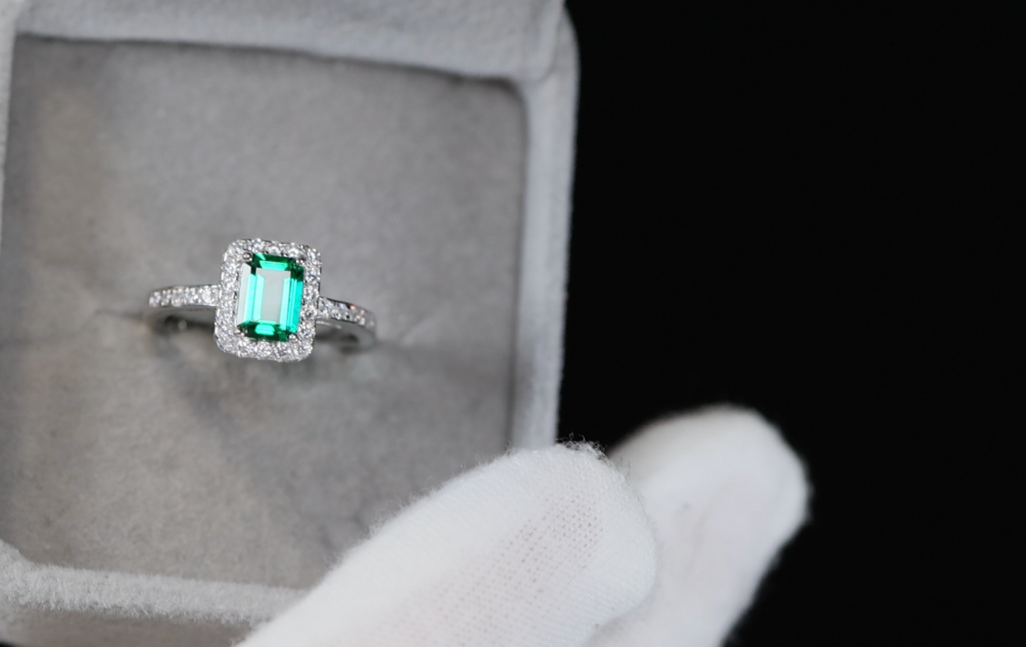 Silver Green Emerald Diamond Engagement Ring