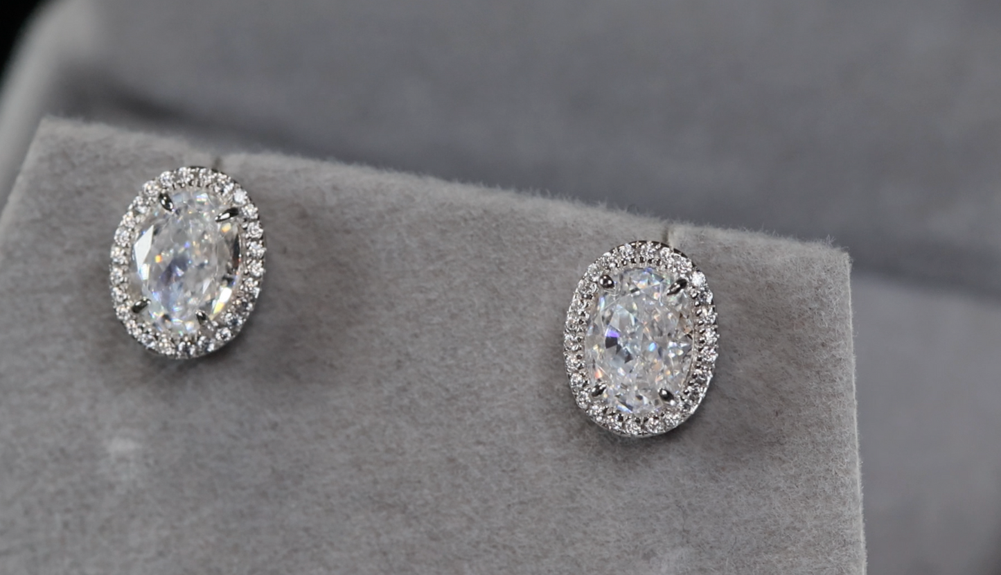 Silver Oval Diamond Ear Studs