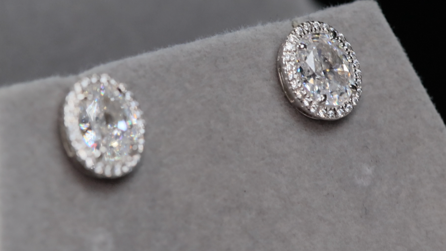 Silver Oval Diamond Ear Studs