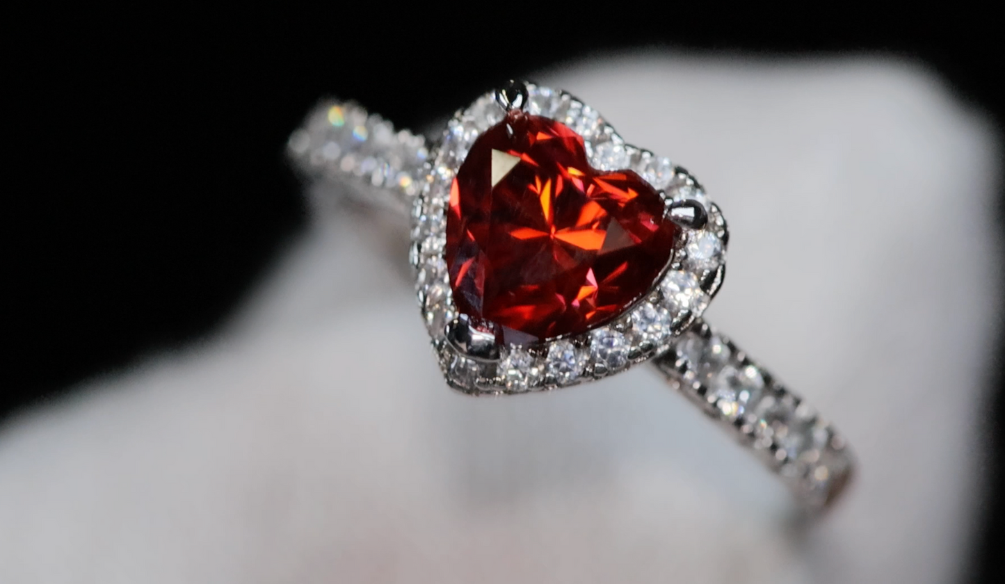 Red Moissanite Diamond Heart Ring