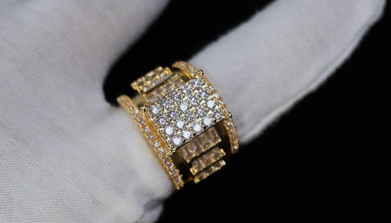 Mens Gold Iced Out Ring | Womens Big Gold Diamond Ring | Gold Baguette Ring