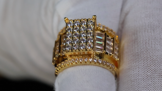 Mens Gold Iced Out Ring | Womens Big Gold Diamond Ring | Gold Baguette Ring