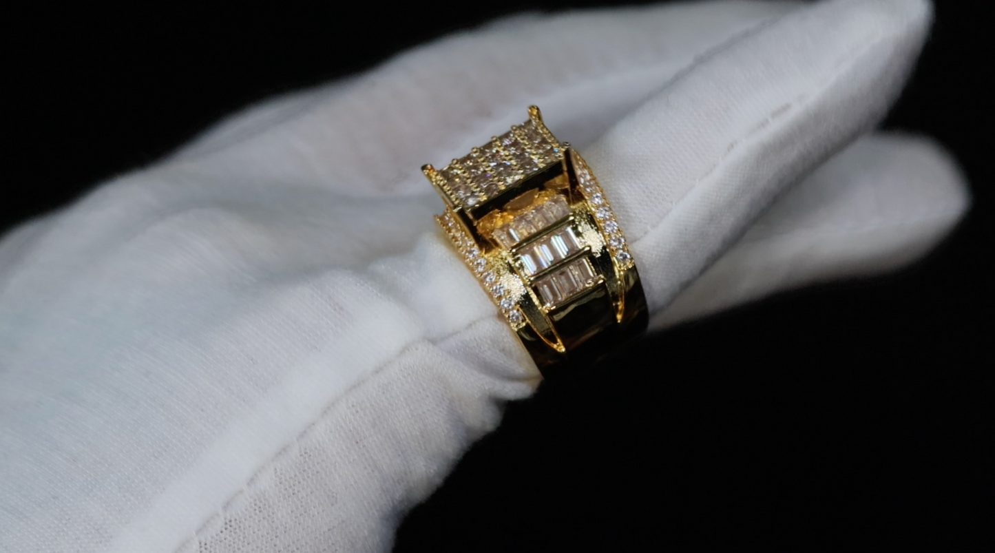 Mens Gold Iced Out Ring | Womens Big Gold Diamond Ring | Gold Baguette Ring