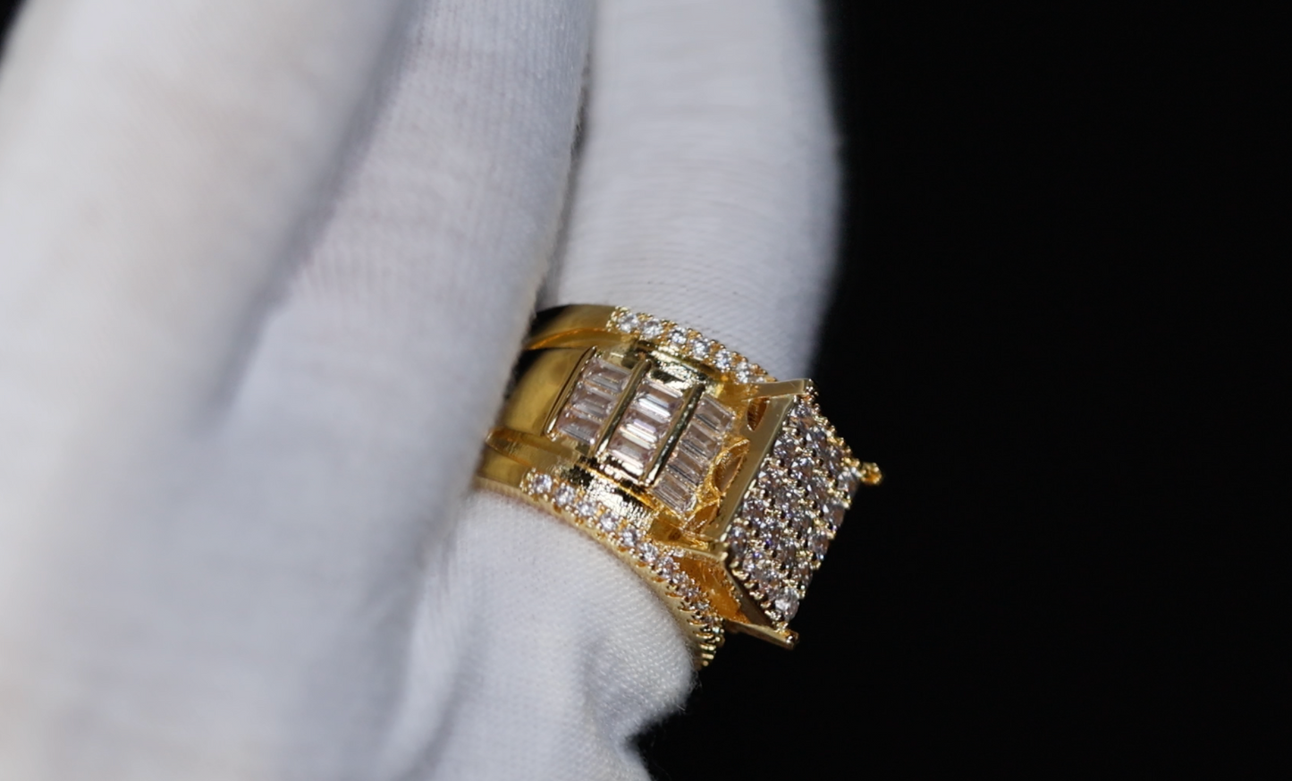 Mens Gold Iced Out Ring | Womens Big Gold Diamond Ring | Gold Baguette Ring