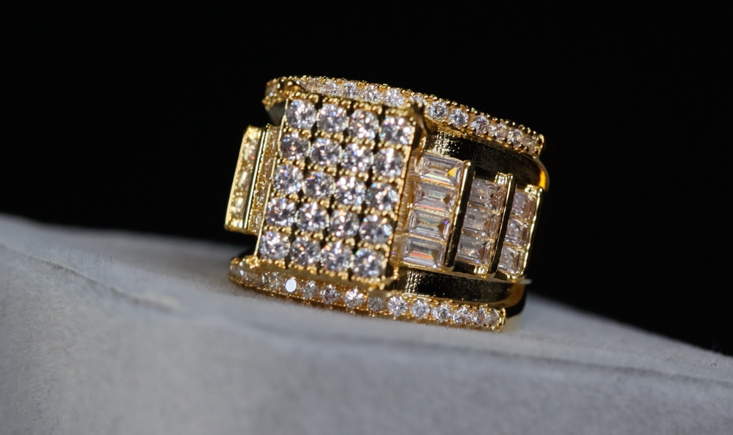 Mens Gold Iced Out Ring | Womens Big Gold Diamond Ring | Gold Baguette Ring