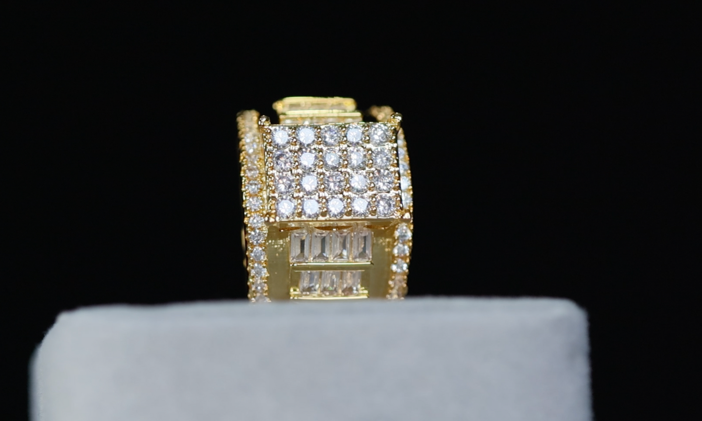 Mens Gold Iced Out Ring | Womens Big Gold Diamond Ring | Gold Baguette Ring