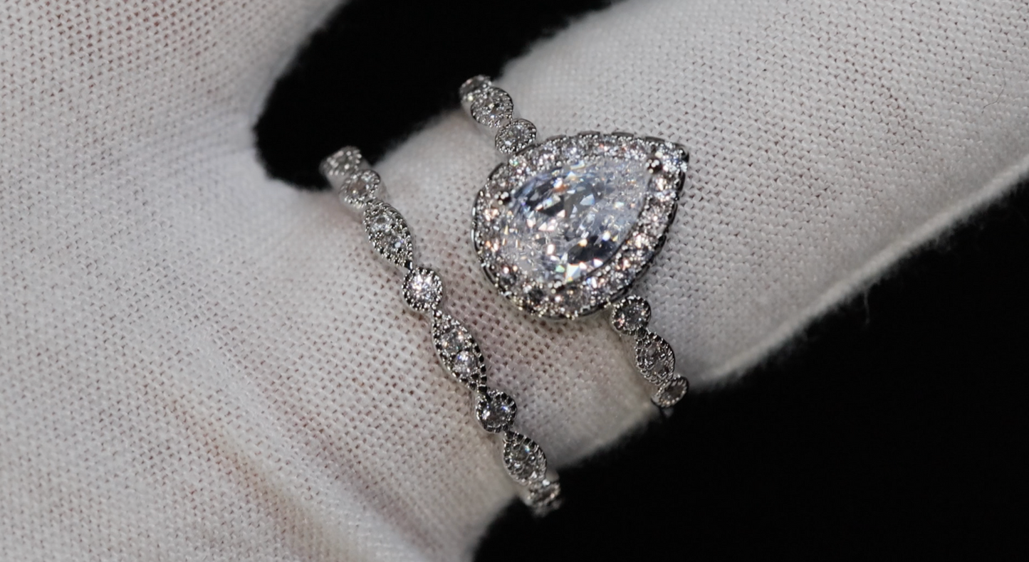 Womens Engagement Ring Set  | Pear Cut Diamond Ring