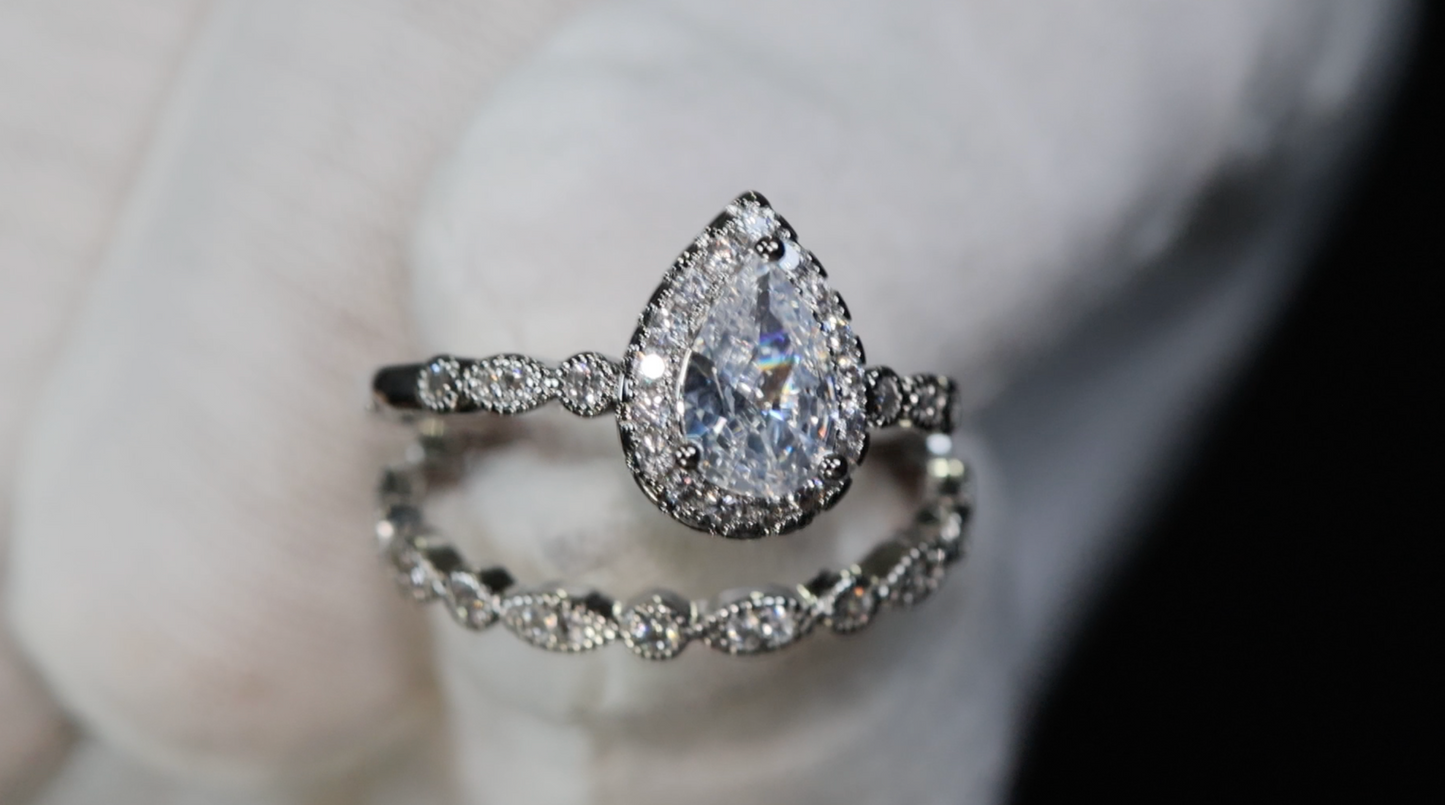 Womens Engagement Ring Set  | Pear Cut Diamond Ring