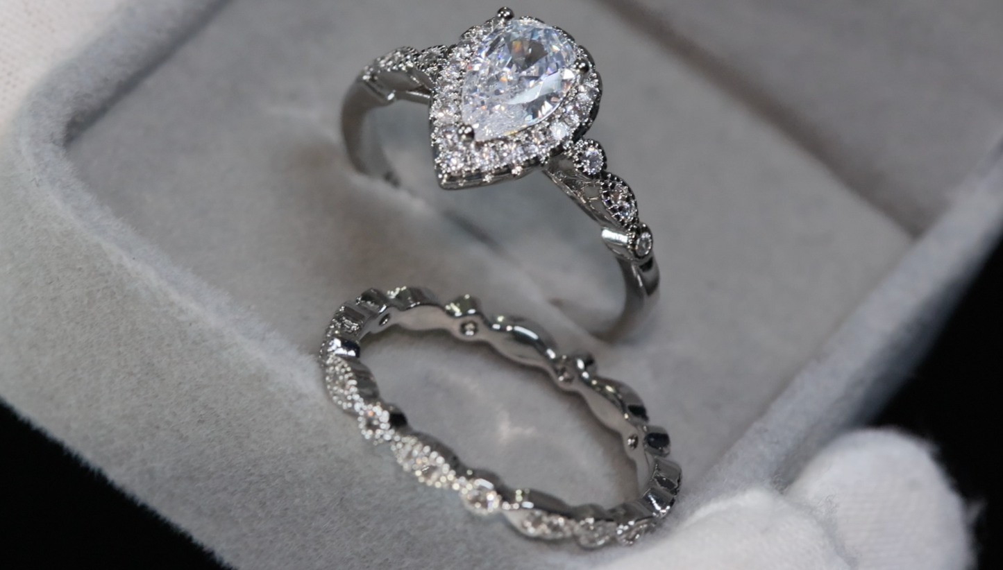 Womens Engagement Ring Set  | Pear Cut Diamond Ring