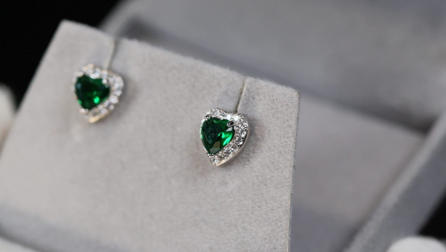 Green Diamond Earrings | Green Diamond Heart Ear Studs | Emerald Earrings