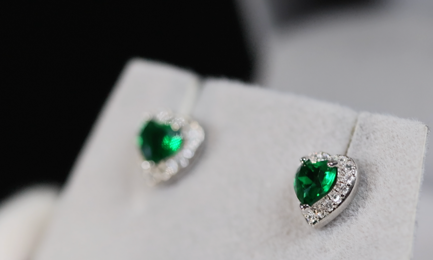 Green Diamond Earrings | Green Diamond Heart Ear Studs | Emerald Earrings