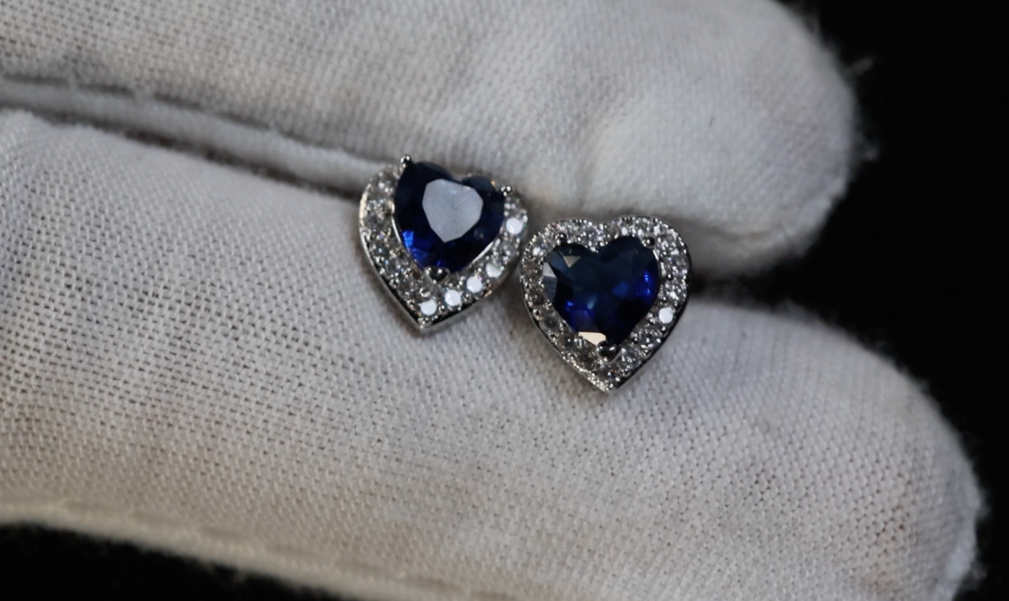 Blue Diamond Heart Ear Studs