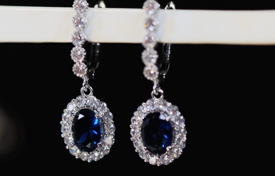 Blue Diamond Earrings | Sapphire Blue Earrings | Blue Oval Earrings