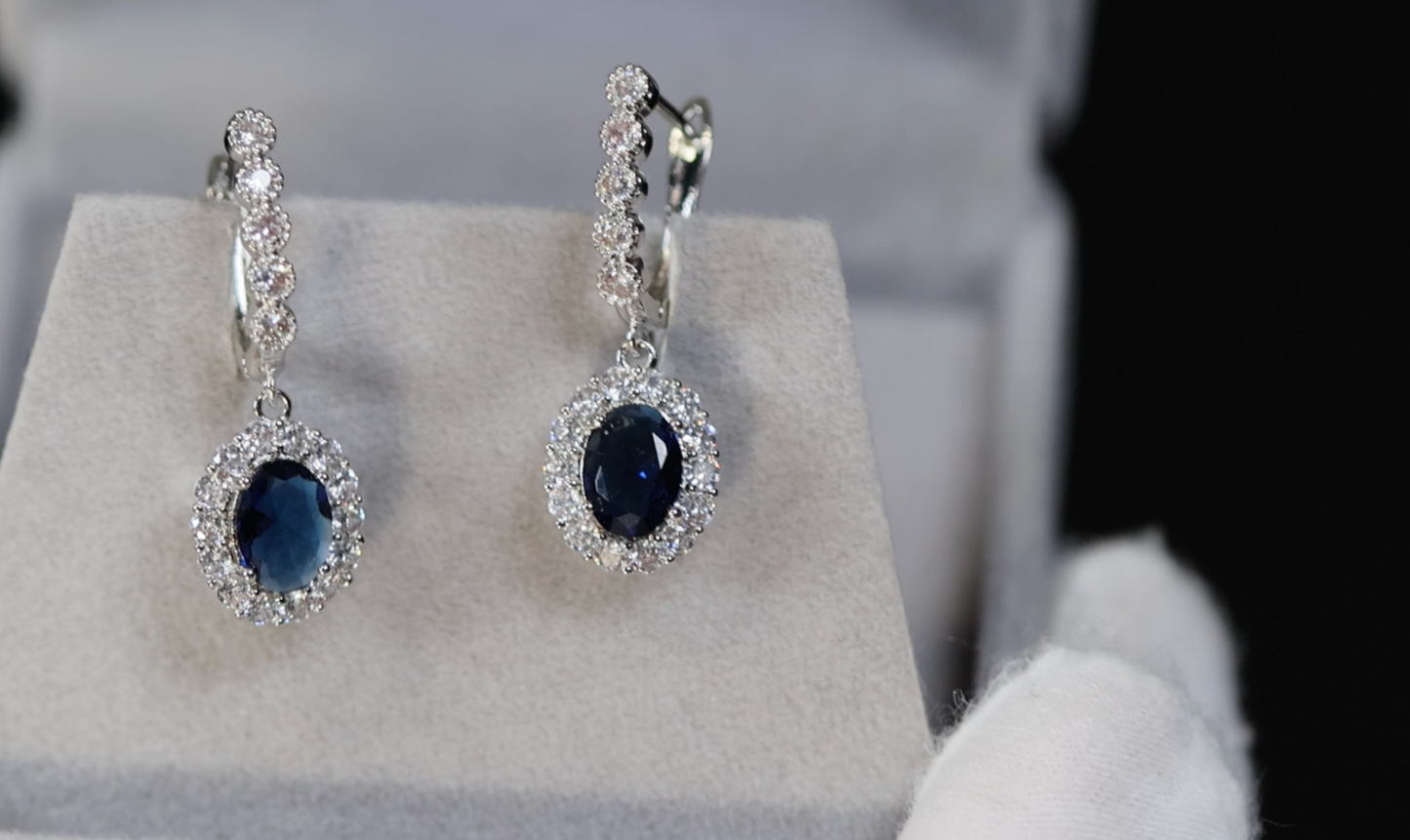 Blue Diamond Earrings | Sapphire Blue Earrings | Blue Oval Earrings