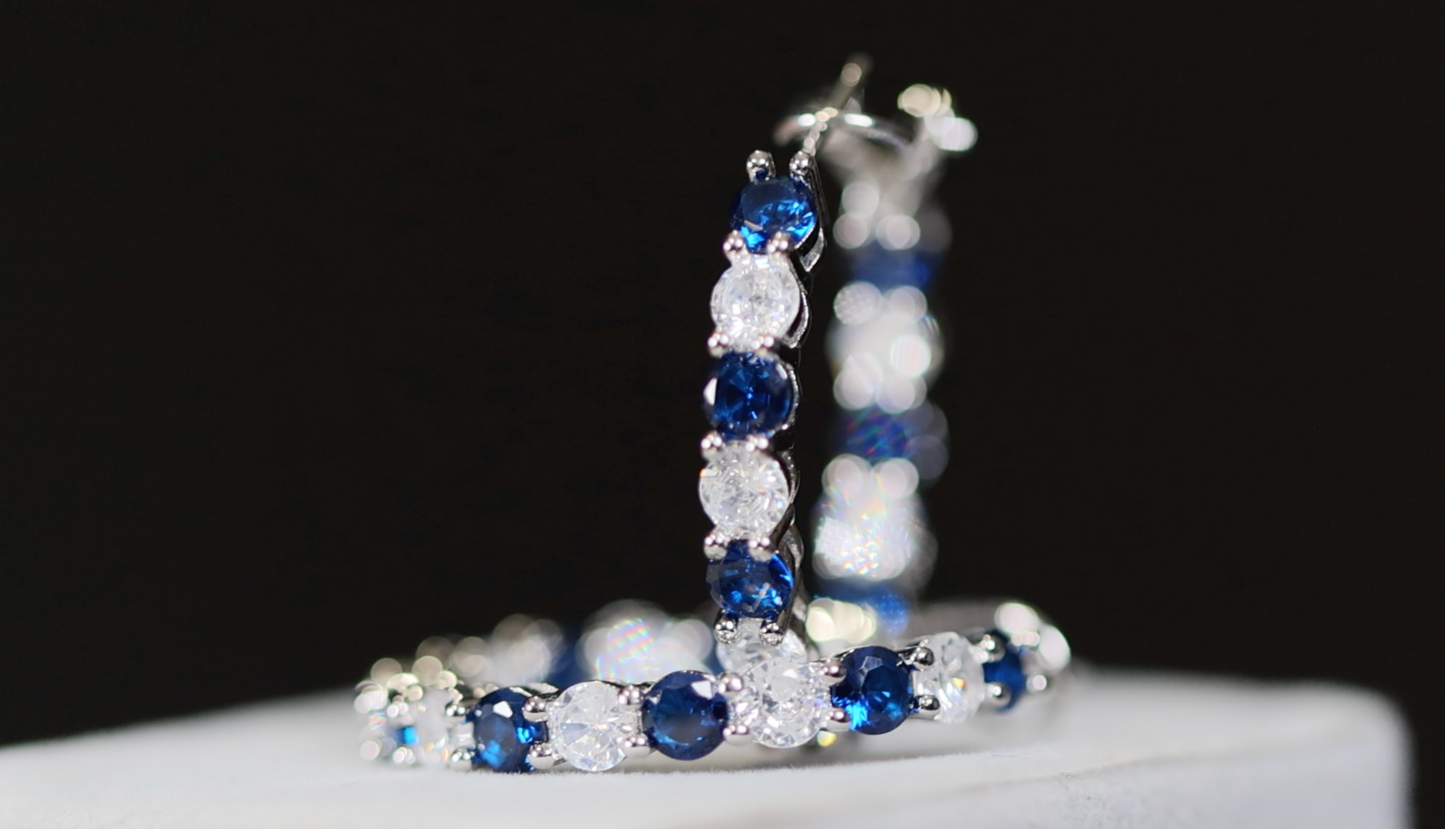 Blue Diamond Hoop Earrings | Blue Diamond Earrings | Sapphire Earrings